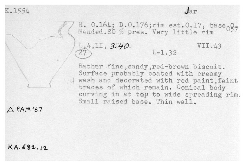 Index card with typed and handwritten information, sometimes including a sketch, of pottery from an excavation.