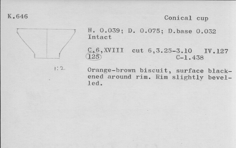 Index card with typed and handwritten information, sometimes including a sketch, of pottery from an excavation.