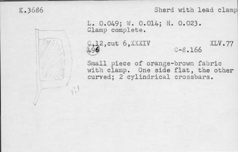 Index card with typed and handwritten information, sometimes including a sketch, of pottery from an excavation.