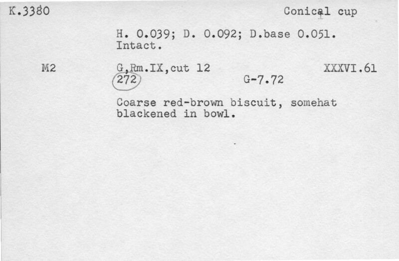 Index card with typed and handwritten information, sometimes including a sketch, of pottery from an excavation.