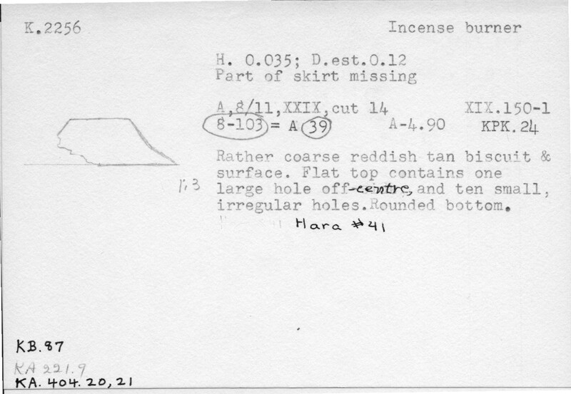 Index card with typed and handwritten information, sometimes including a sketch, of pottery from an excavation.