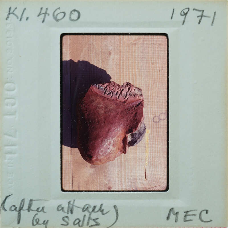 Terracotta breast fragment lying on table K1.460.