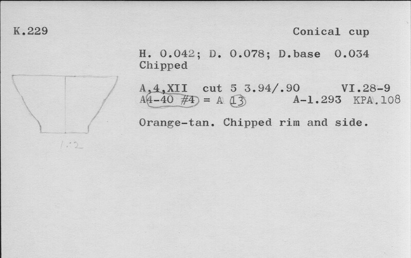 Index card with typed and handwritten information, sometimes including a sketch, of pottery from an excavation.