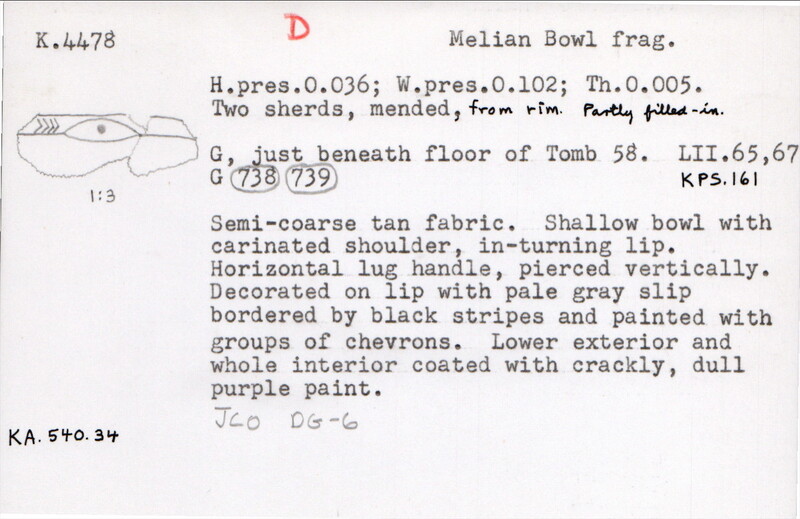 Index card with typed and handwritten information, sometimes including a sketch, of pottery from an excavation.