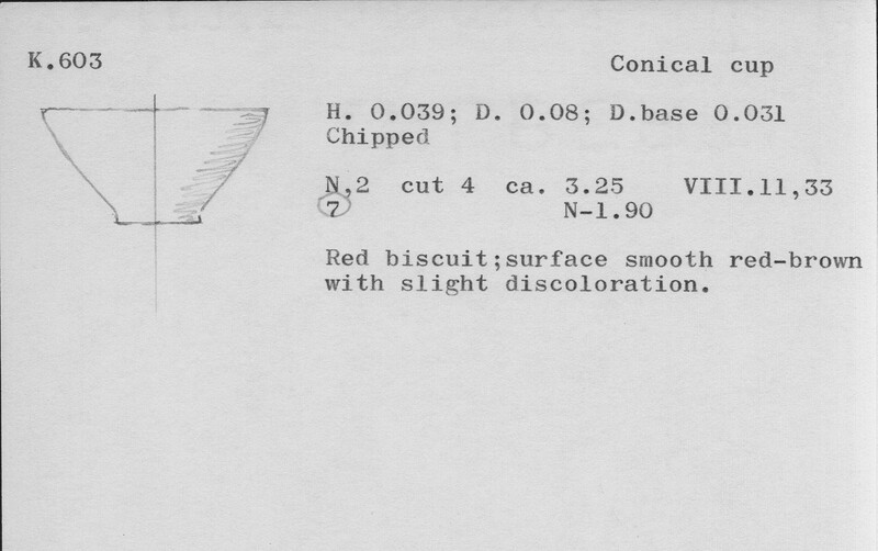 Index card with typed and handwritten information, sometimes including a sketch, of pottery from an excavation.