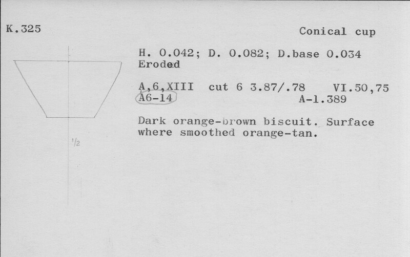 Index card with typed and handwritten information, sometimes including a sketch, of pottery from an excavation.