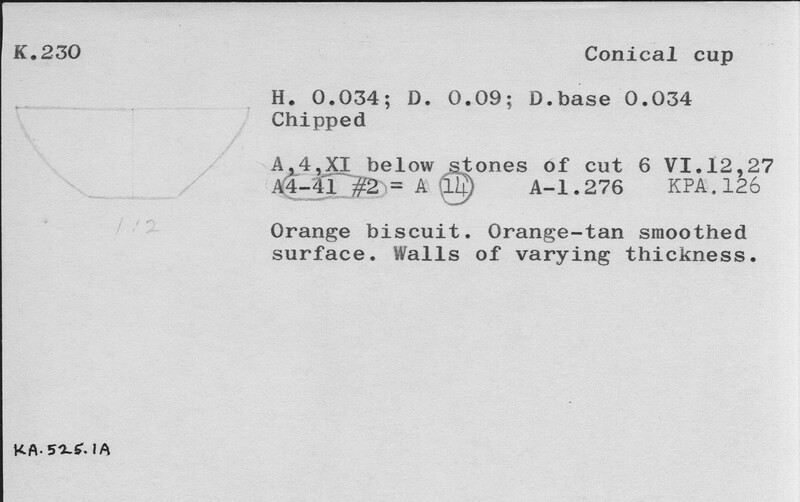 Index card with typed and handwritten information, sometimes including a sketch, of pottery from an excavation.