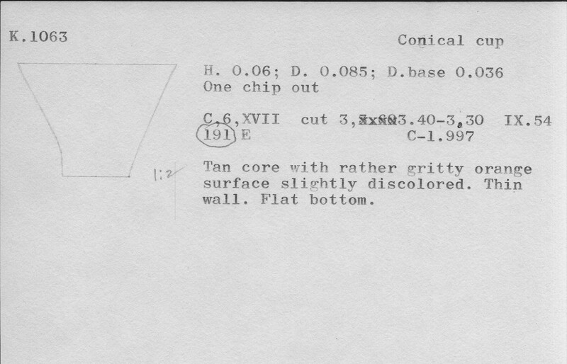 Index card with typed and handwritten information, sometimes including a sketch, of pottery from an excavation.