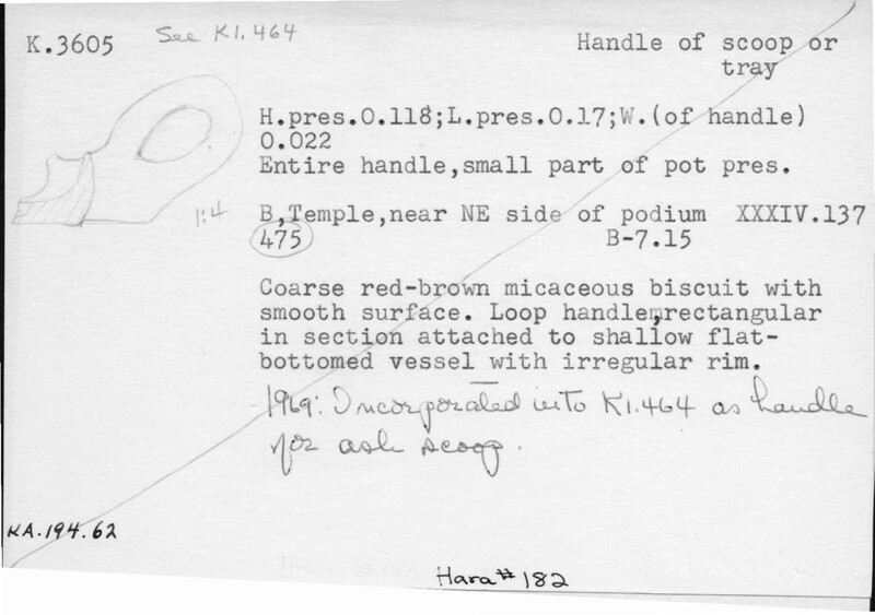 Index card with typed and handwritten information, sometimes including a sketch, of pottery from an excavation.