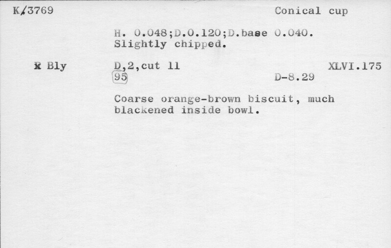 Index card with typed and handwritten information, sometimes including a sketch, of pottery from an excavation.