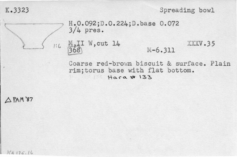 Index card with typed and handwritten information, sometimes including a sketch, of pottery from an excavation.