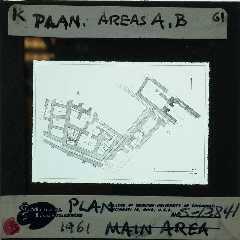 Ink drawing of plan of Ayia Irini focusing on Areas A & B.