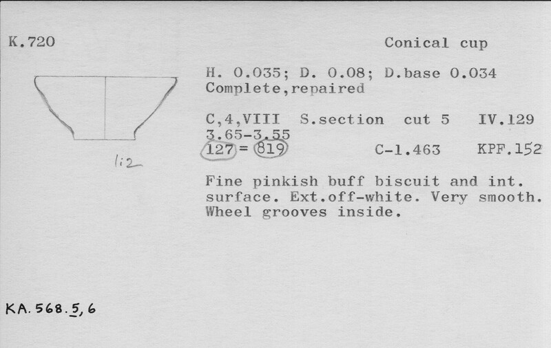 Index card with typed and handwritten information, sometimes including a sketch, of pottery from an excavation.