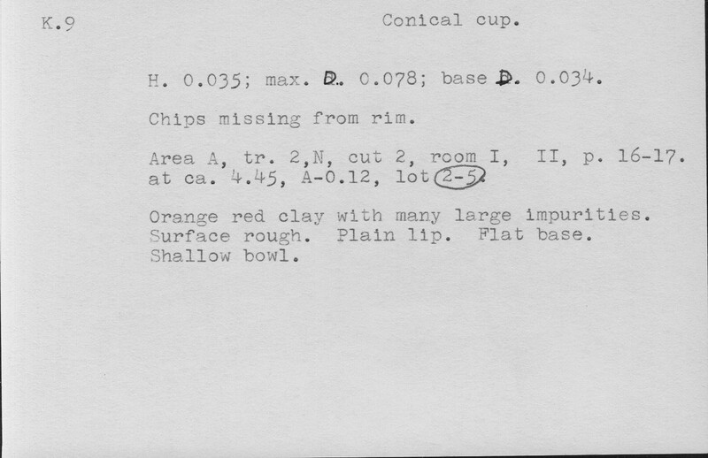 Index card with typed and handwritten information, sometimes including a sketch, of pottery from an excavation.