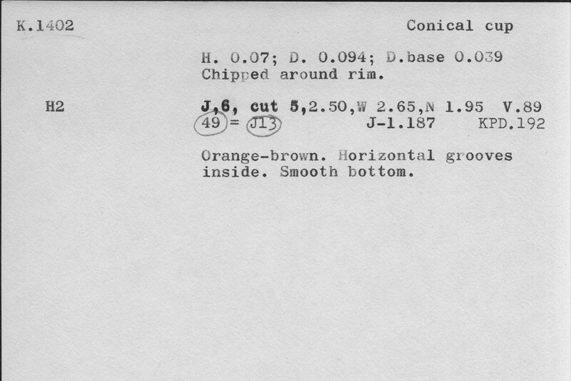 Index card with typed and handwritten information, sometimes including a sketch, of pottery from an excavation.