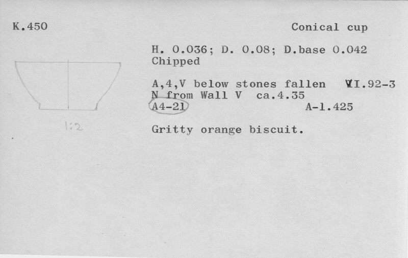 Index card with typed and handwritten information, sometimes including a sketch, of pottery from an excavation.