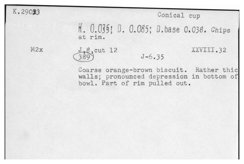 Index card with typed and handwritten information, sometimes including a sketch, of pottery from an excavation.