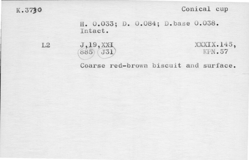Index card with typed and handwritten information, sometimes including a sketch, of pottery from an excavation.