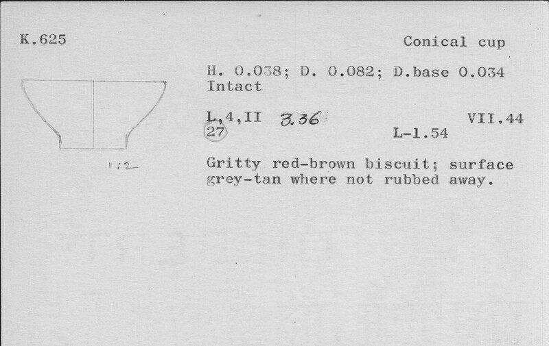 Index card with typed and handwritten information, sometimes including a sketch, of pottery from an excavation.
