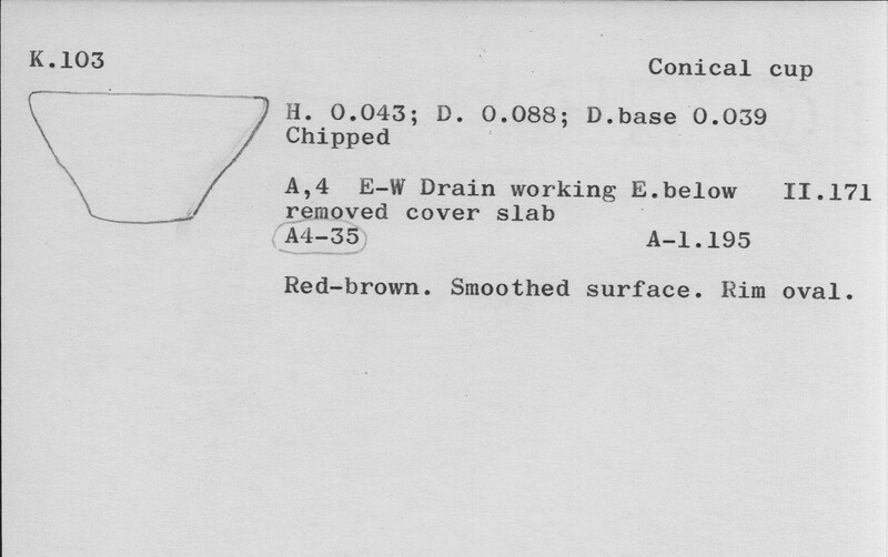 Index card with typed and handwritten information, sometimes including a sketch, of pottery from an excavation.