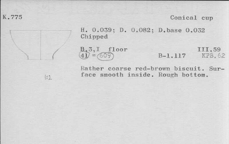 Index card with typed and handwritten information, sometimes including a sketch, of pottery from an excavation.