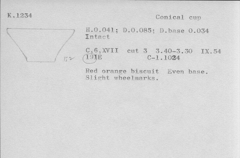 Index card with typed and handwritten information, sometimes including a sketch, of pottery from an excavation.