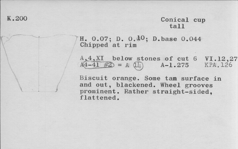 Index card with typed and handwritten information, sometimes including a sketch, of pottery from an excavation.