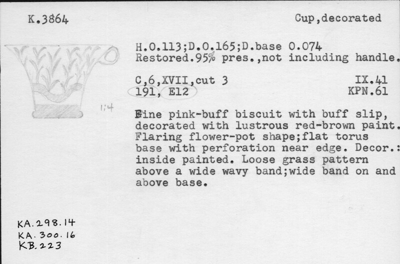 Index card with typed and handwritten information, sometimes including a sketch, of pottery from an excavation.
