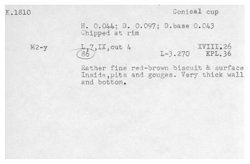 Index card with typed and handwritten information, sometimes including a sketch, of pottery from an excavation.