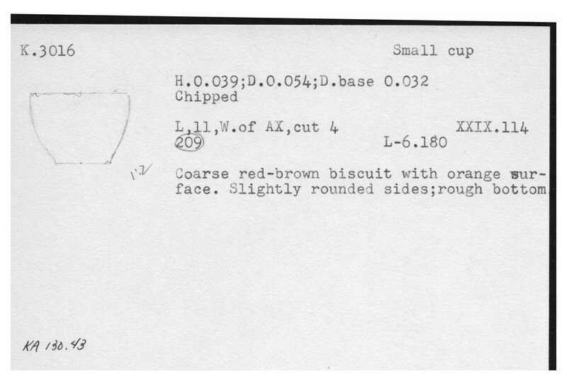 Index card with typed and handwritten information, sometimes including a sketch, of pottery from an excavation.