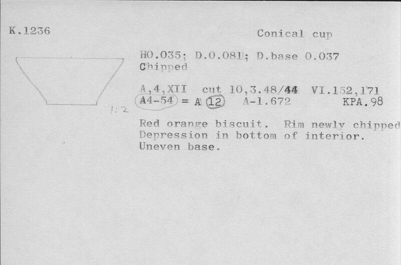 Index card with typed and handwritten information, sometimes including a sketch, of pottery from an excavation.