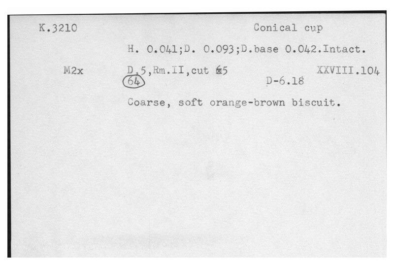 Index card with typed and handwritten information, sometimes including a sketch, of pottery from an excavation.