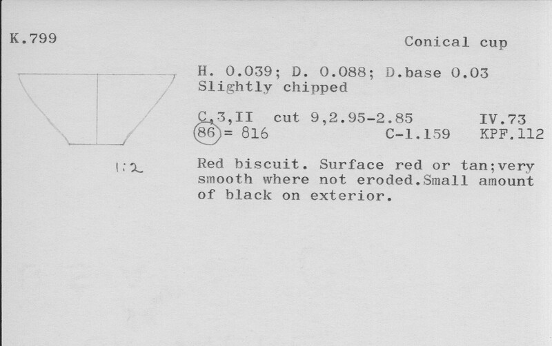 Index card with typed and handwritten information, sometimes including a sketch, of pottery from an excavation.