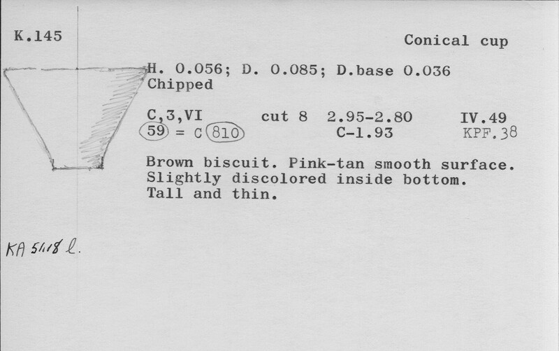 Index card with typed and handwritten information, sometimes including a sketch, of pottery from an excavation.