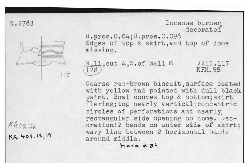 Index card with typed and handwritten information, sometimes including a sketch, of pottery from an excavation.