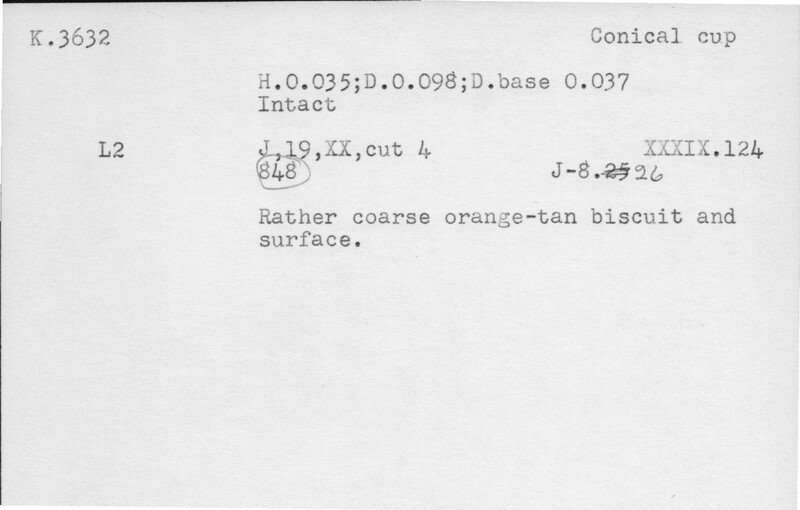 Index card with typed and handwritten information, sometimes including a sketch, of pottery from an excavation.