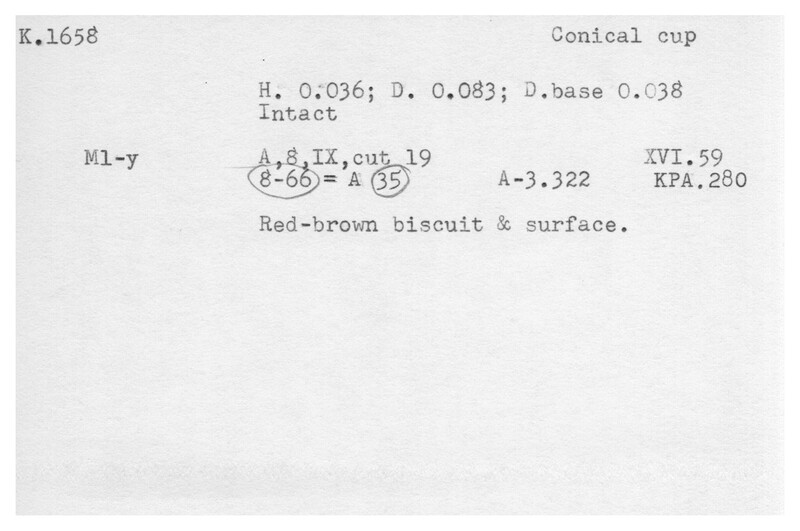 Index card with typed and handwritten information, sometimes including a sketch, of pottery from an excavation.