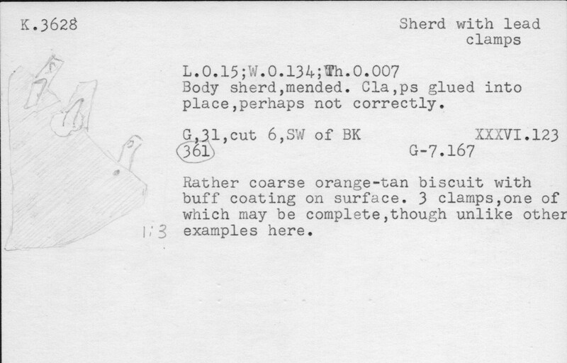 Index card with typed and handwritten information, sometimes including a sketch, of pottery from an excavation.