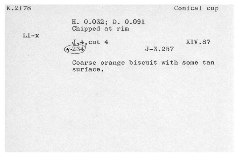 Index card with typed and handwritten information, sometimes including a sketch, of pottery from an excavation.