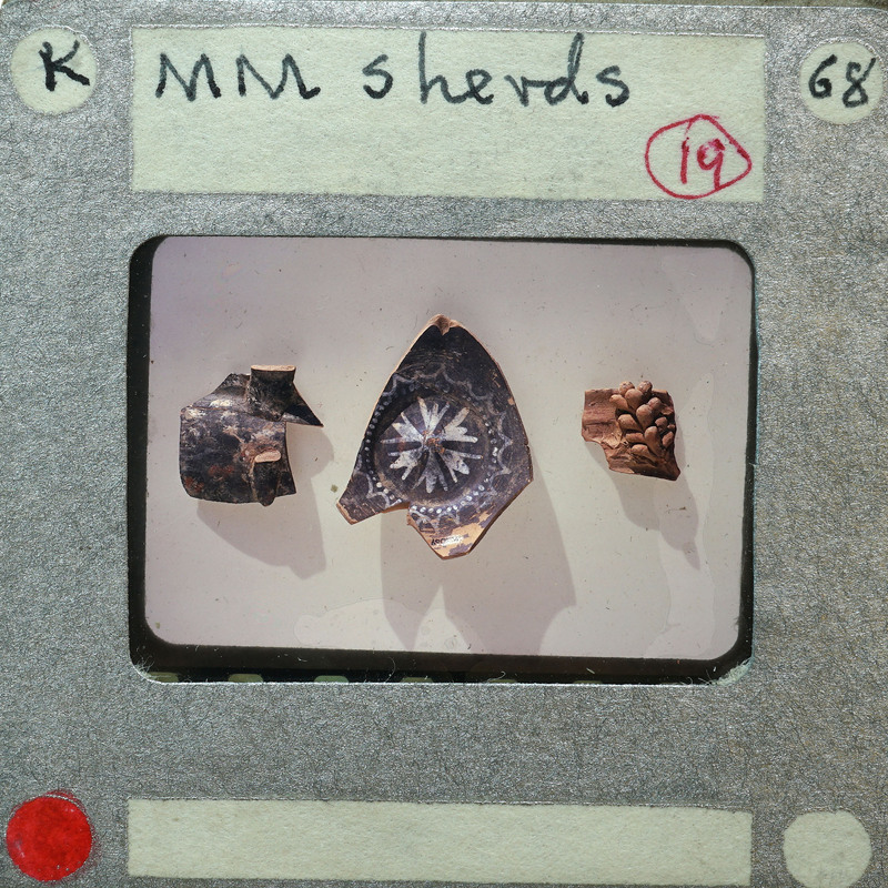 Three samples of pottery variety all with pattern decoration.