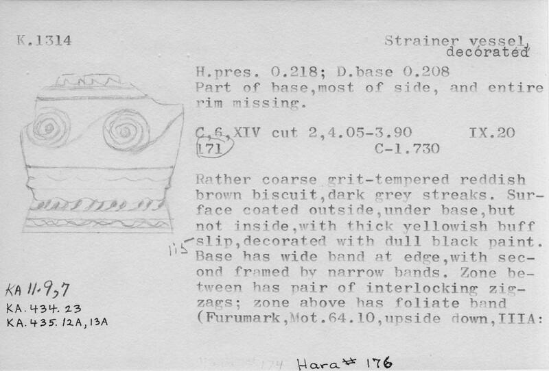 Index card with typed and handwritten information, sometimes including a sketch, of pottery from an excavation.