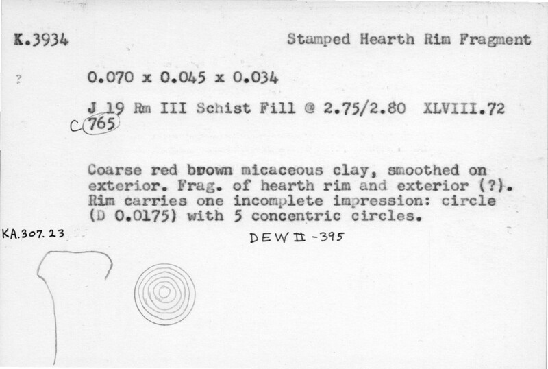 Index card with typed and handwritten information, sometimes including a sketch, of pottery from an excavation.