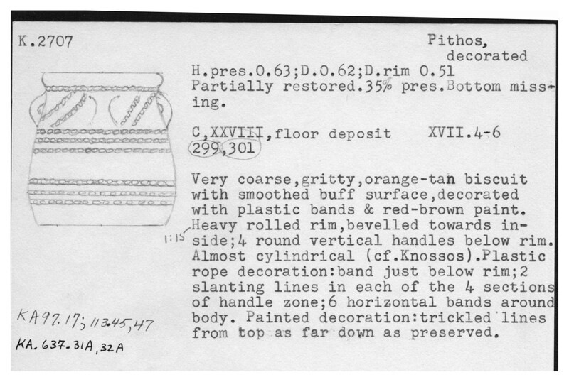 Index card with typed and handwritten information, sometimes including a sketch, of pottery from an excavation.