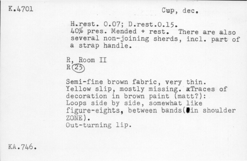 Index card with typed and handwritten information, sometimes including a sketch, of pottery from an excavation.