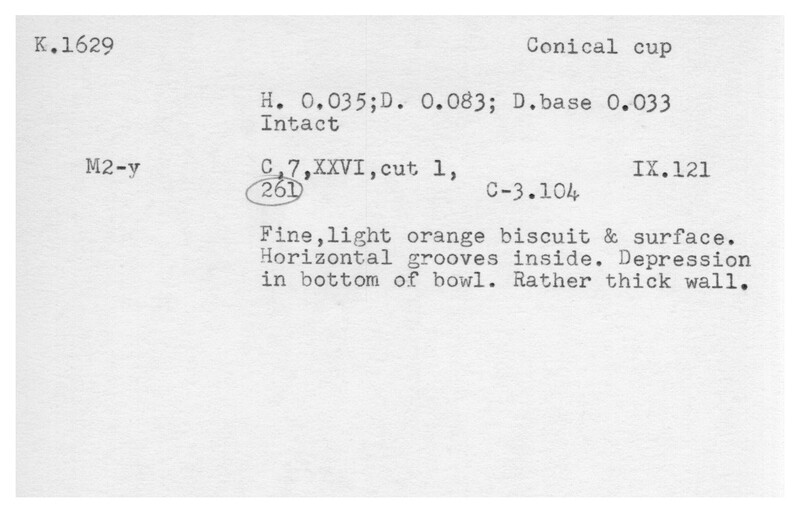 Index card with typed and handwritten information, sometimes including a sketch, of pottery from an excavation.
