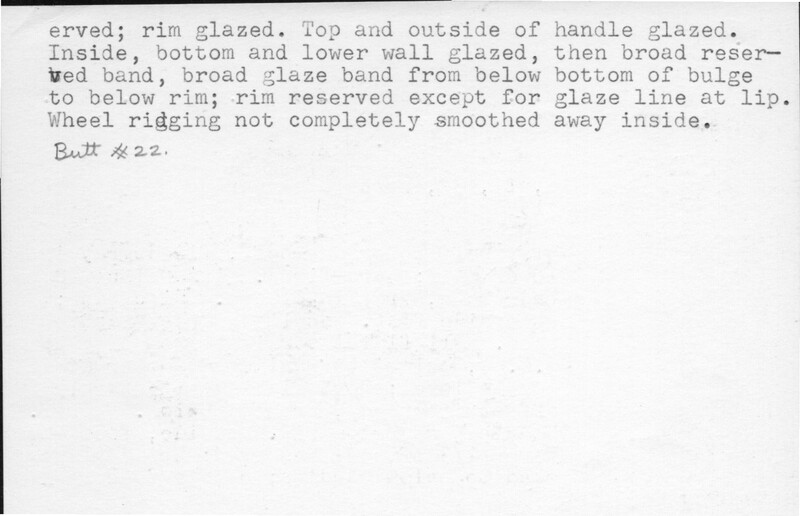 Index card with typed and handwritten information, sometimes including a sketch, of pottery from an excavation.