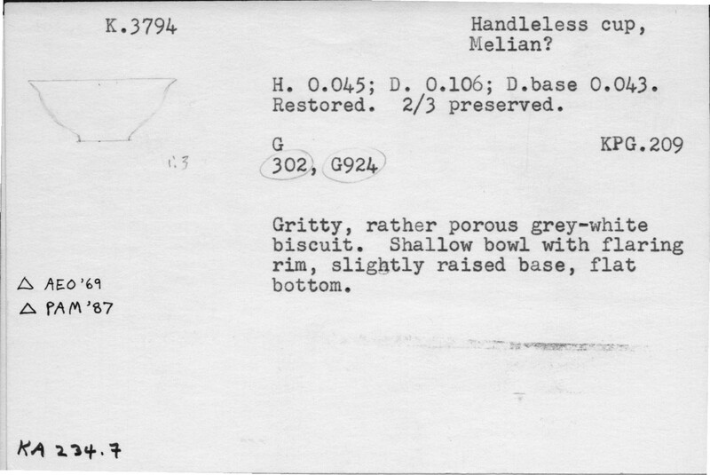 Index card with typed and handwritten information, sometimes including a sketch, of pottery from an excavation.
