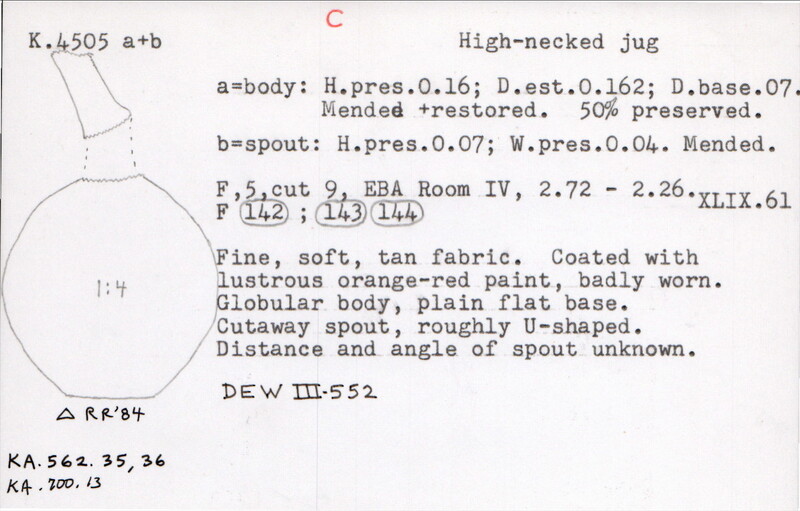 Index card with typed and handwritten information, sometimes including a sketch, of pottery from an excavation.