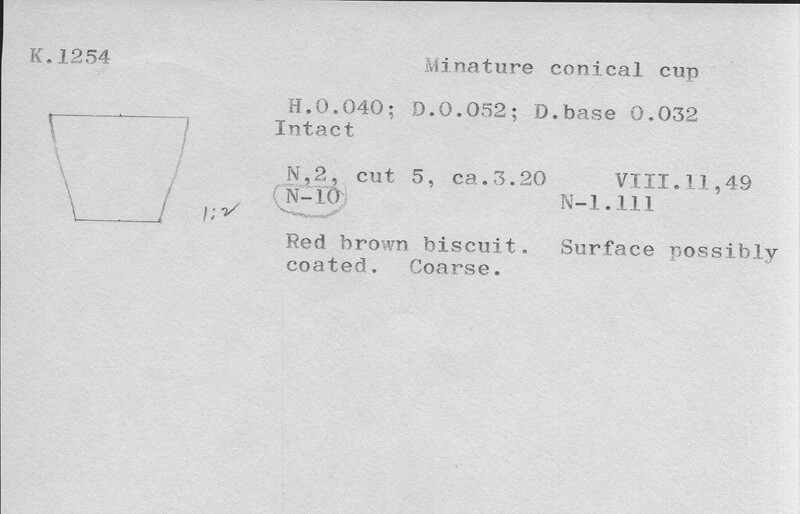 Index card with typed and handwritten information, sometimes including a sketch, of pottery from an excavation.