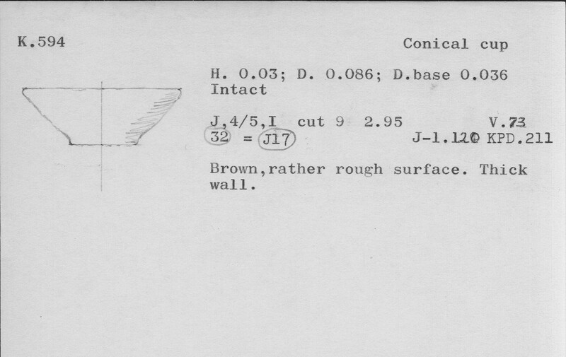 Index card with typed and handwritten information, sometimes including a sketch, of pottery from an excavation.